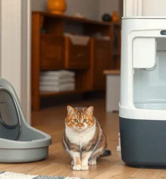 Bild einer orange-weißen Katze, die in der Mitte zweier Katzentoiletten auf einem braunen Boden sitzt