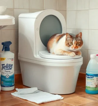 Bild einer Katze, die in einer Katzentoilette neben Reinigungsmitteln sitzt.