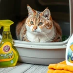 Bild einer orange-weißen Katze auf einer Katzentoilette neben Reinigungsmitteln