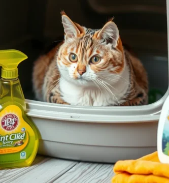 Bild einer orange-weißen Katze auf einer Katzentoilette neben Reinigungsmitteln