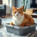 Bild einer orange-weißen Katze, die in einem Sandkasten mitten im Wohnzimmer sitzt