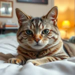 Bild einer traurigen Katze, die auf einem Bett liegt
