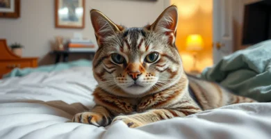 Bild einer traurigen Katze, die auf einem Bett liegt